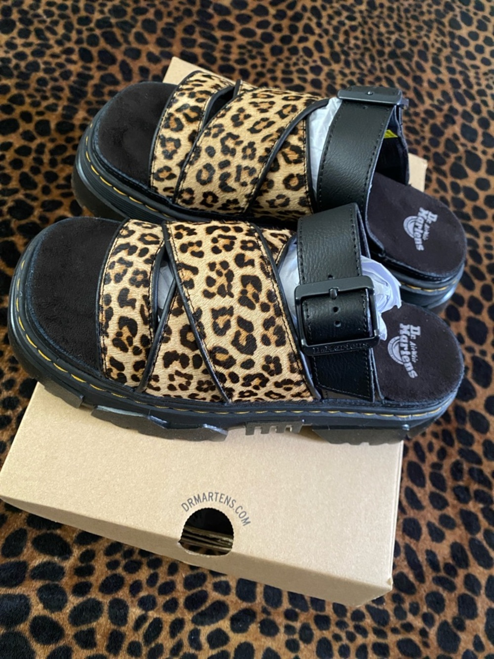 Dr. Martens Leopard Print & Black Leather Slide Sandals - Picture 4 of 5